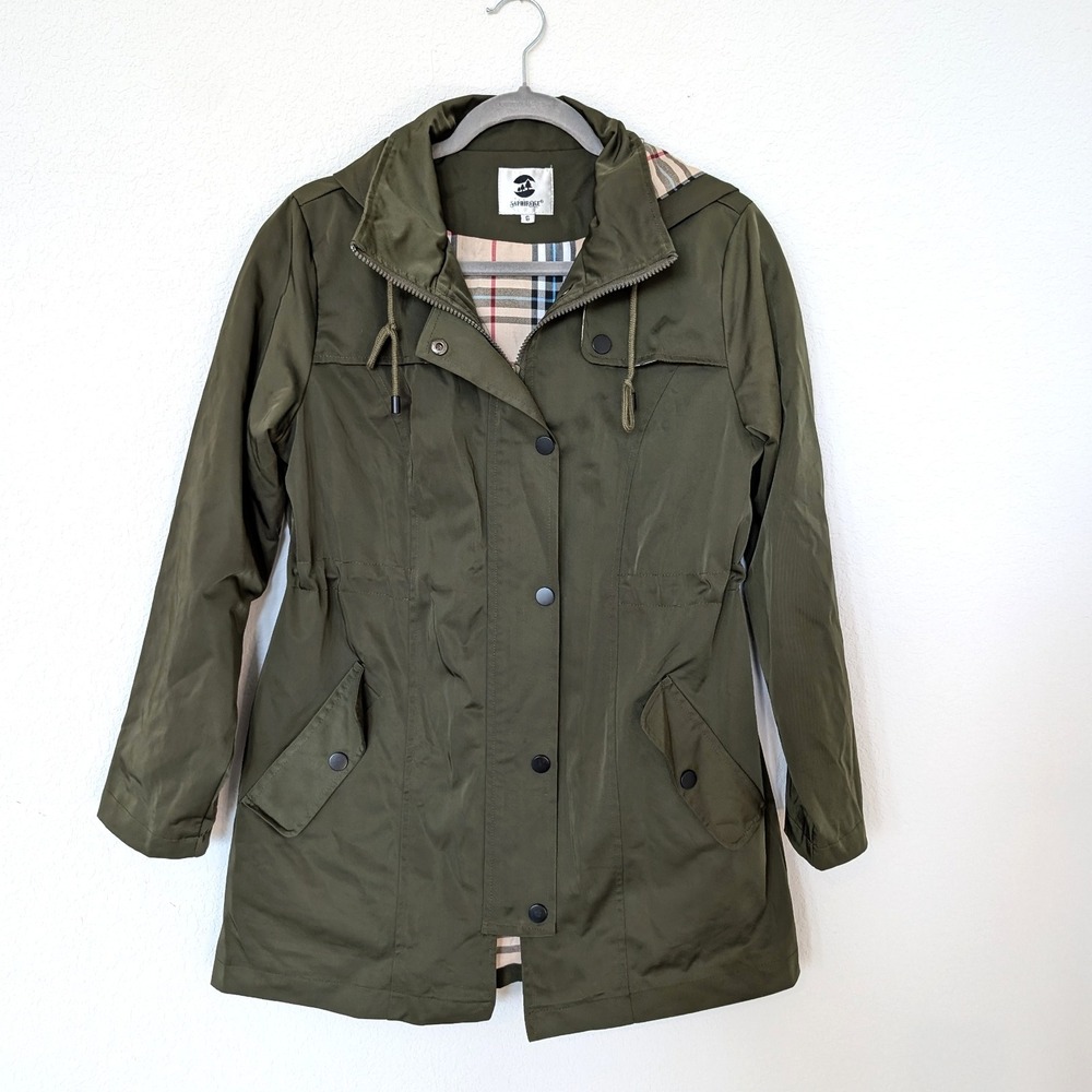 Saphirose Long Anorak Jacket Plaid Lined Olive Green Size‎ S - Picture 2 of 9